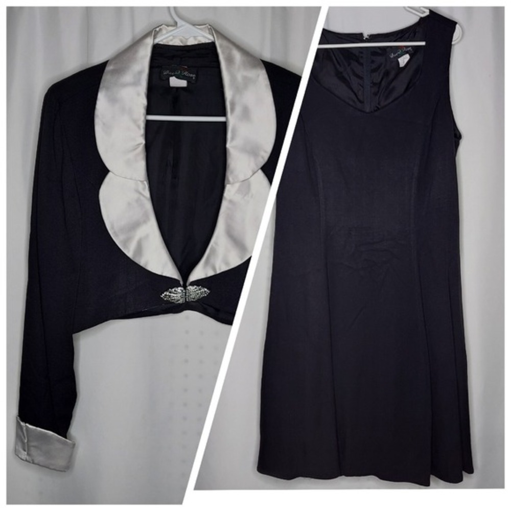 David Rose Vtg Dress Shrug Set 14 Black Crepe V-Neck Satin Collar Jewel Elegant‎